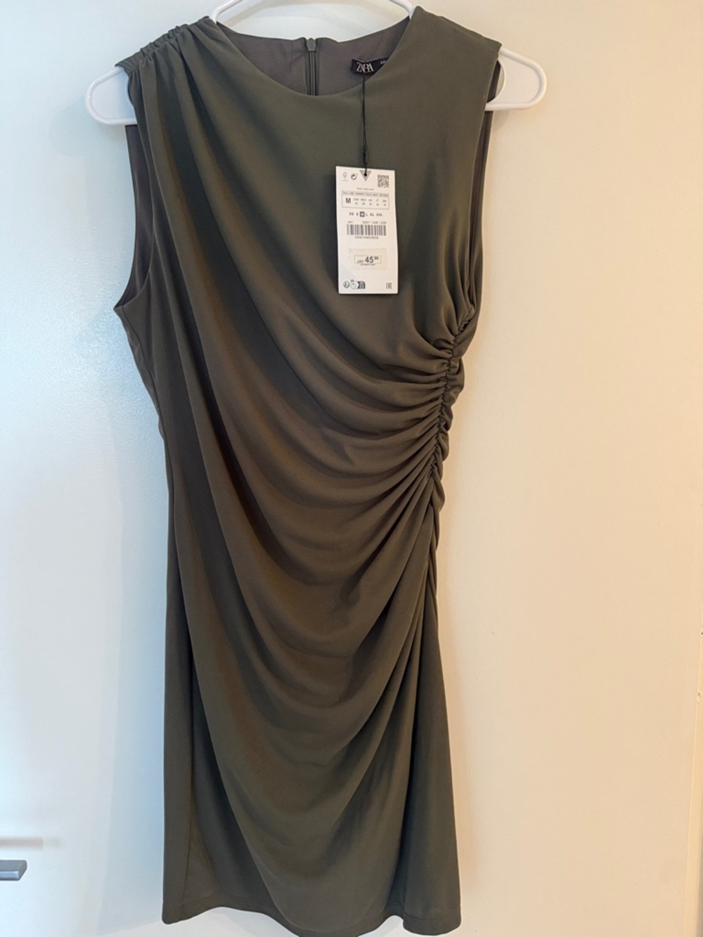 Zara Olive Green Sleeveless Ruched Midi Dress